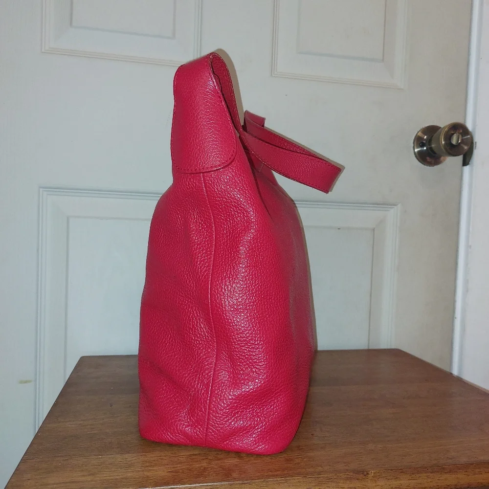 M&R Moda In Pelle Firenze Italy Red Peebled Genuine Leather Hobo Tote Bag - Picture 5 of 14